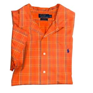 90S Polo By Ralph Lauren Orange Plaid Caldwell Open Collar Short Sleeve Shirt XL
